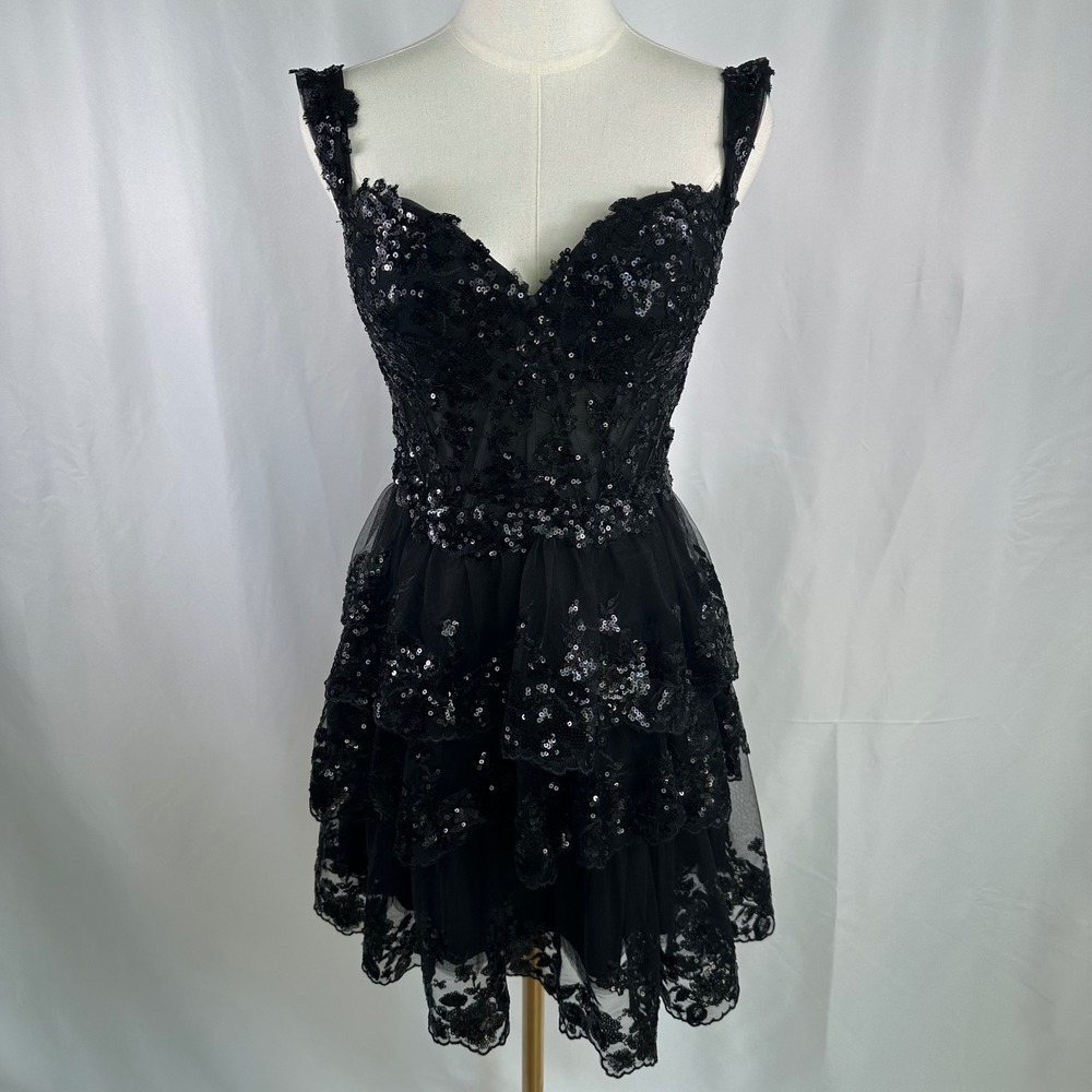 Stacees Black Sequin Lace Tulle Dress Womens Small Tiered Mini Homecoming Goth